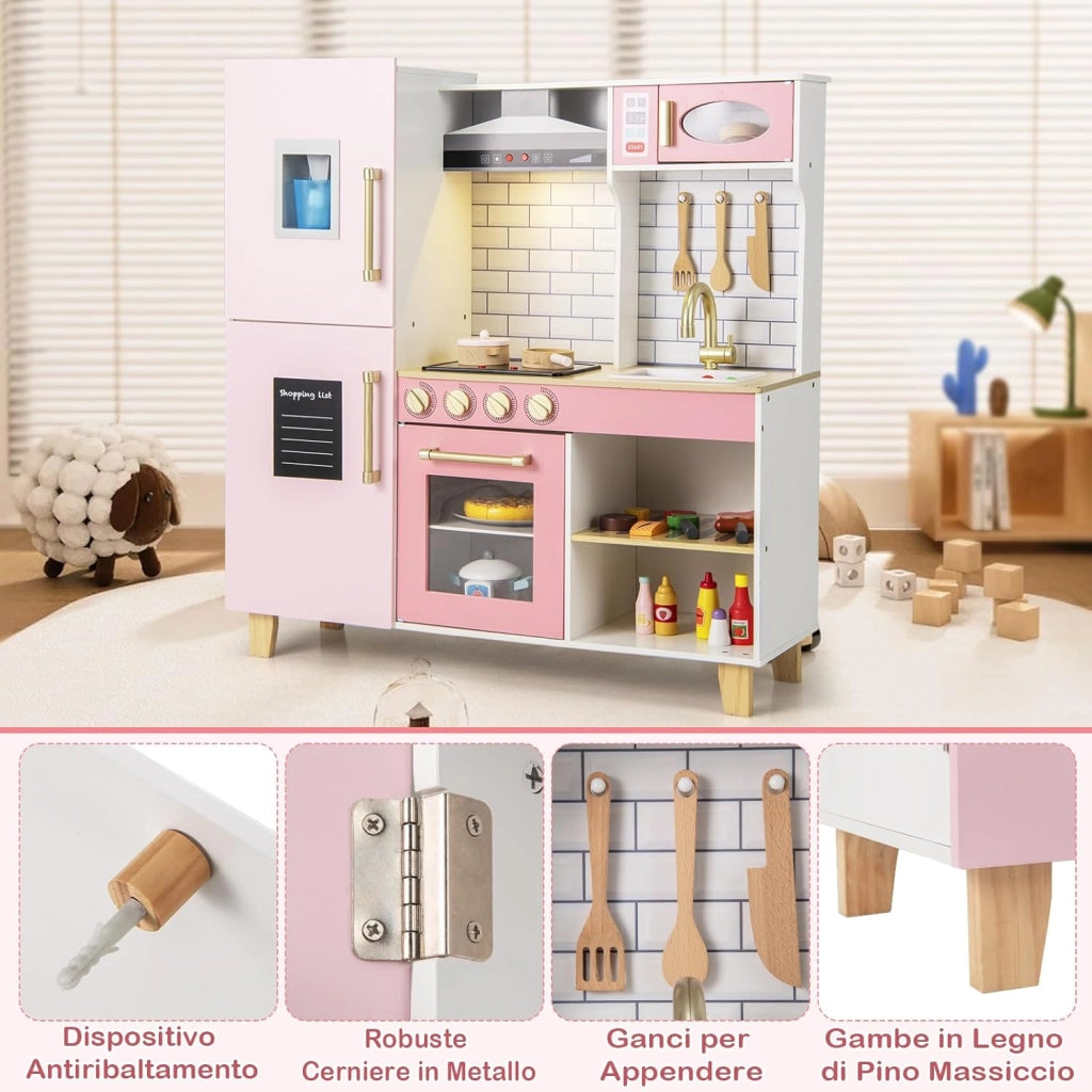 Cucina Giocattolo con Cappa e Fornelli a Suoni e Luci, Cucina per Bambini in Legno con Fabbricatore di Ghiaccio, Microonde, Griglia BBQ e Lavagna, Set Cucina con Accessori, per Bambini 3+ Anni