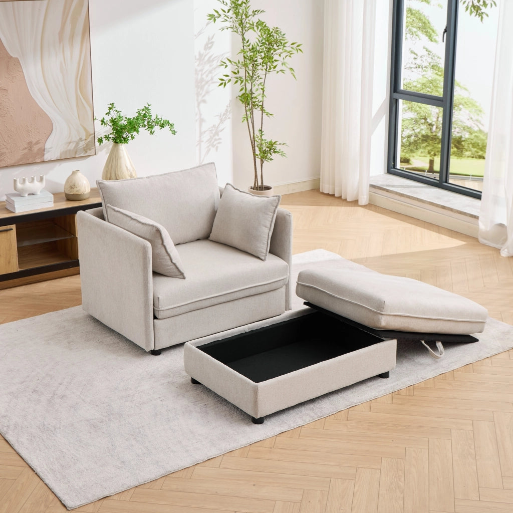 Poltrona lounge modulare con pouf contenitore in velluto Altay beige