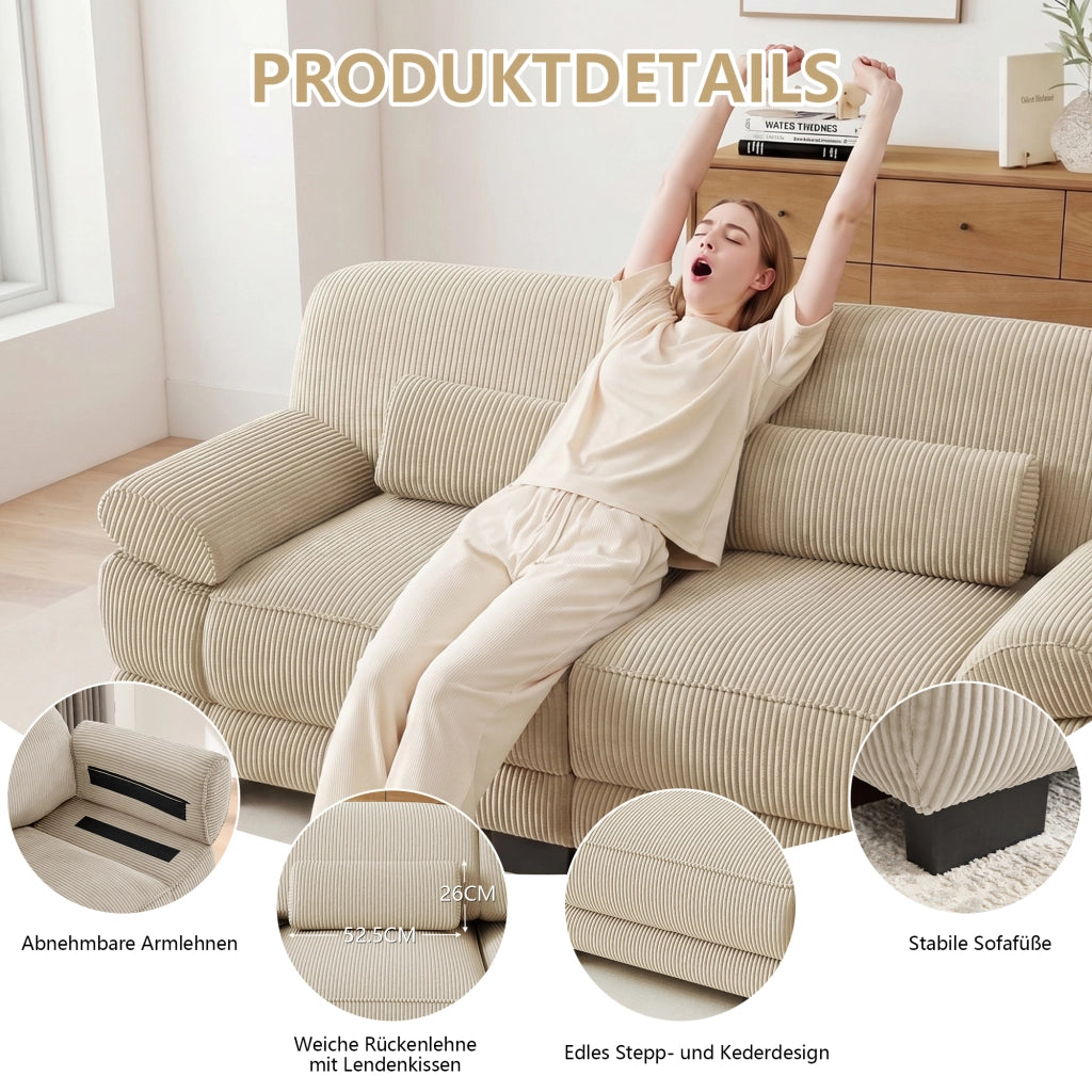 Divano modulare in velluto a coste beige; 194 x 88;5 x 94 cm; con cuscino lombare