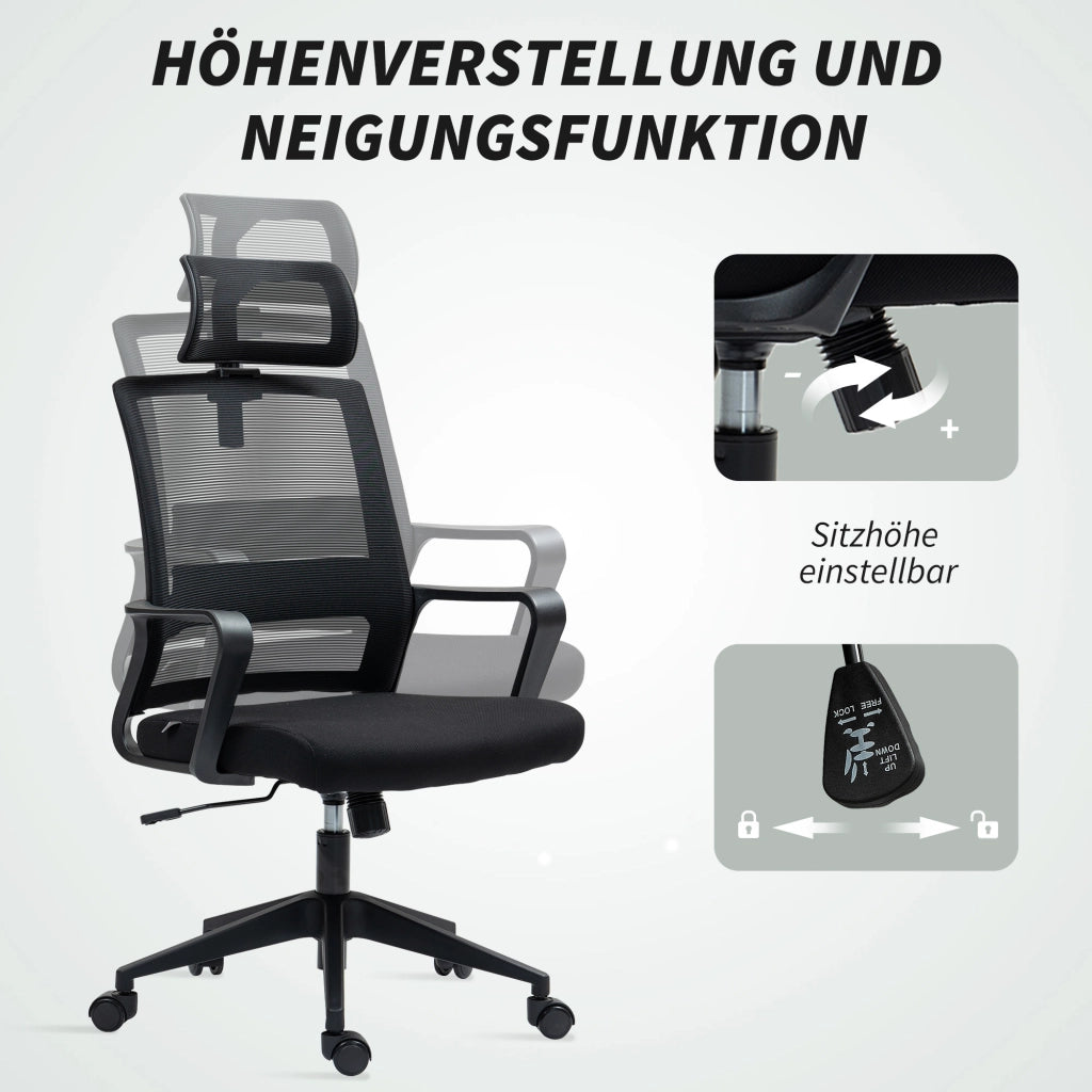 Sedia da ufficio ergonomica in mesh con poggiatesta regolabile, braccioli e funzione d'oscillazione nera