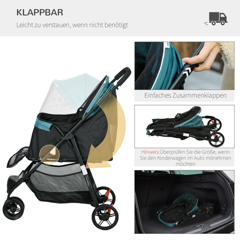 Carrello pieghevole per animali con 4 ruote, freni, sacca inferiore, copertura antipioggia, in poliestere nero e blu