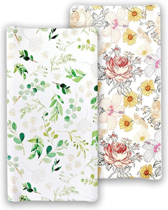 Tela di protezione per lettino con fascia di stiro per neonati, materasso di protezione per lettino, copertura per lettino con tessuto stretch per neonati, copertura per lettino per neonati, 81 cm x 40 cm (verde + fiori)