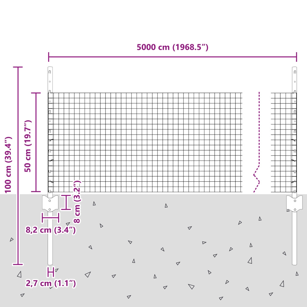 Recinzione in Rete Saldata con 22 Post in Acciaio Argento 0.5x50 m