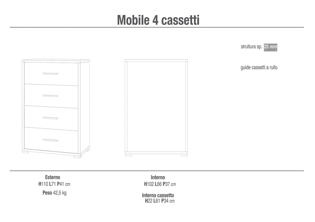 Cassettiera 4 Cassetti 71x110x41 cm Ossido Bianco/Ossido Nero