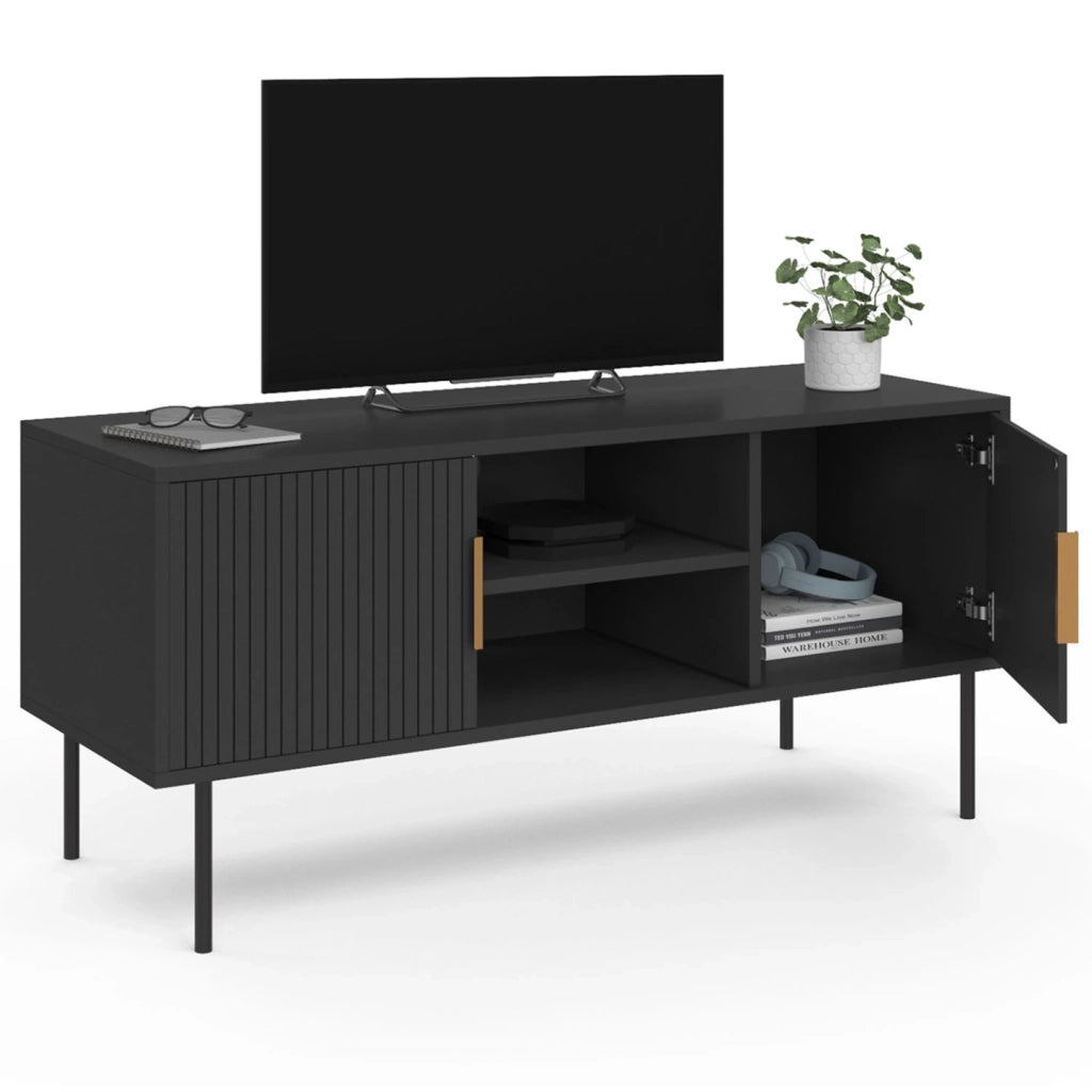 IDMarket - Porta TV MARCEL da 110 cm con 2 ante a doghe in legno nero