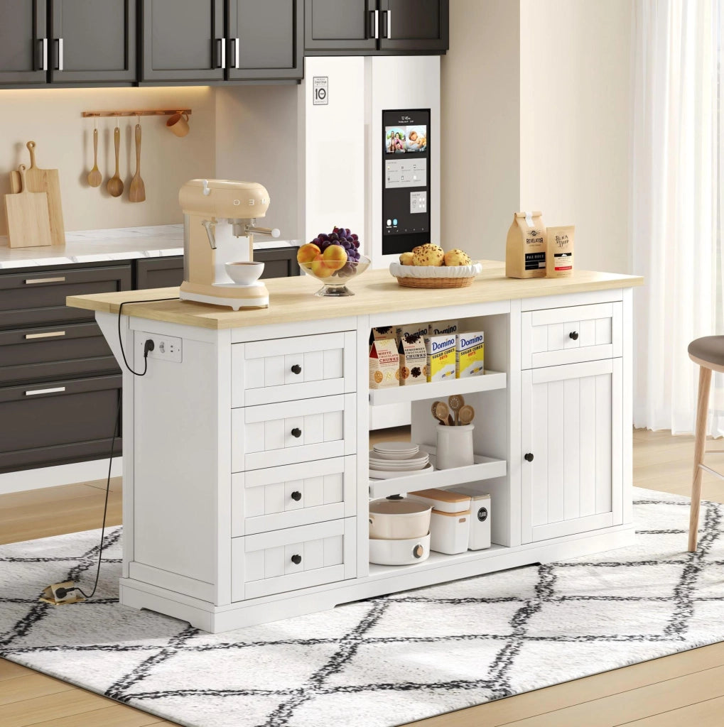 Isola cucina 150x65x75,5 cm bianca - 5 cassetti, prese integrate