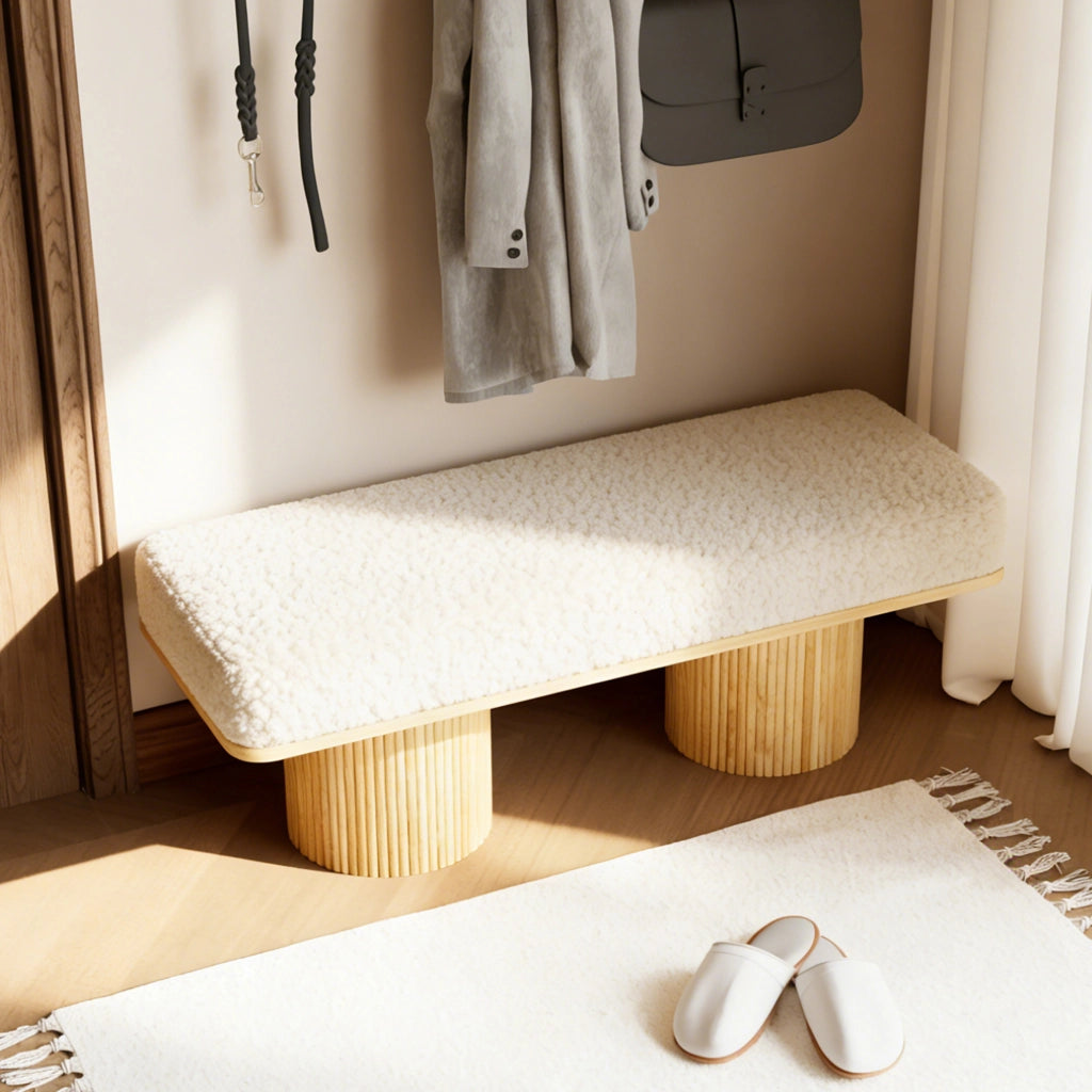 Panca imbottita - con seduta morbida e design arrotondato - in teddy - bianco - 122 × 46 × 42.5 cm