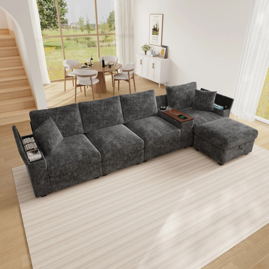 Divano modulare angolare 5-6 posti con pouf; tavolino girevole 360°; USB/Type-C; ciniglia grigia