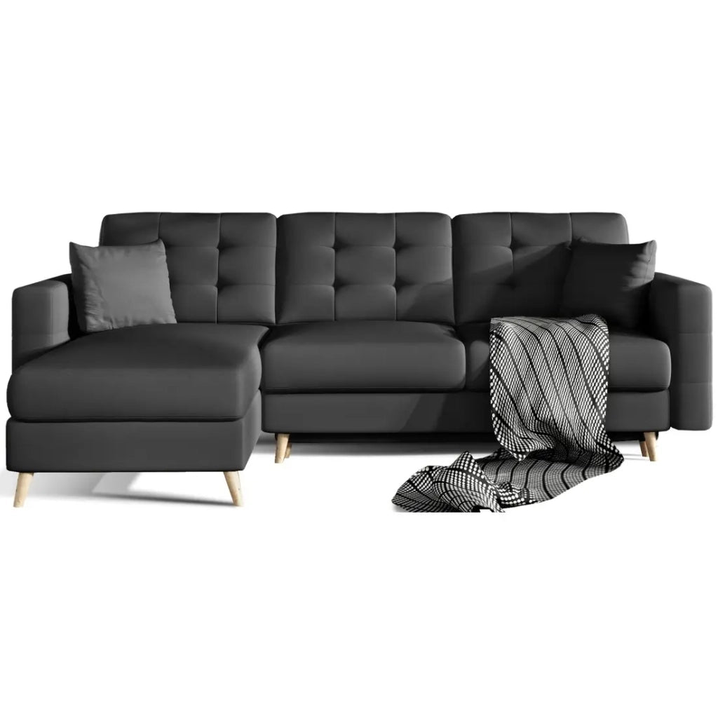 Canapé d'angle convertible HASGARD 3 places noir 248x162 cm – coffre et pieds bois Divano angolare trasformabile HASGARD 3 posti nero 248x162 cm - con vano contenitore e piedi in legno