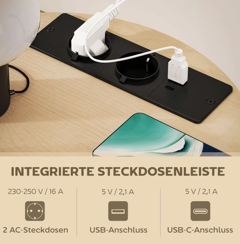 Tavolino rotondo 3 ripiani con presa USB, legno naturale