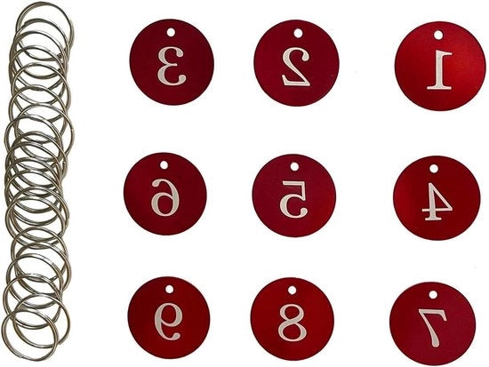 Etichette numeriche in alluminio 35MM con forma rotonda ID e anello di chiusura per ristoranti, hotel, camere da letto, chiavi e armadietti (rosso 1-10)