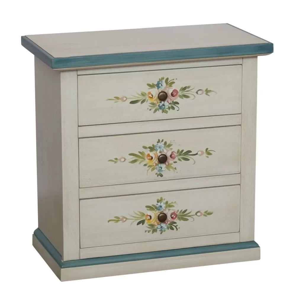 Comodino 3 cassetti legno shabby bianco anticato decori filo azzurro 60x35x64 - Mobili 2G
