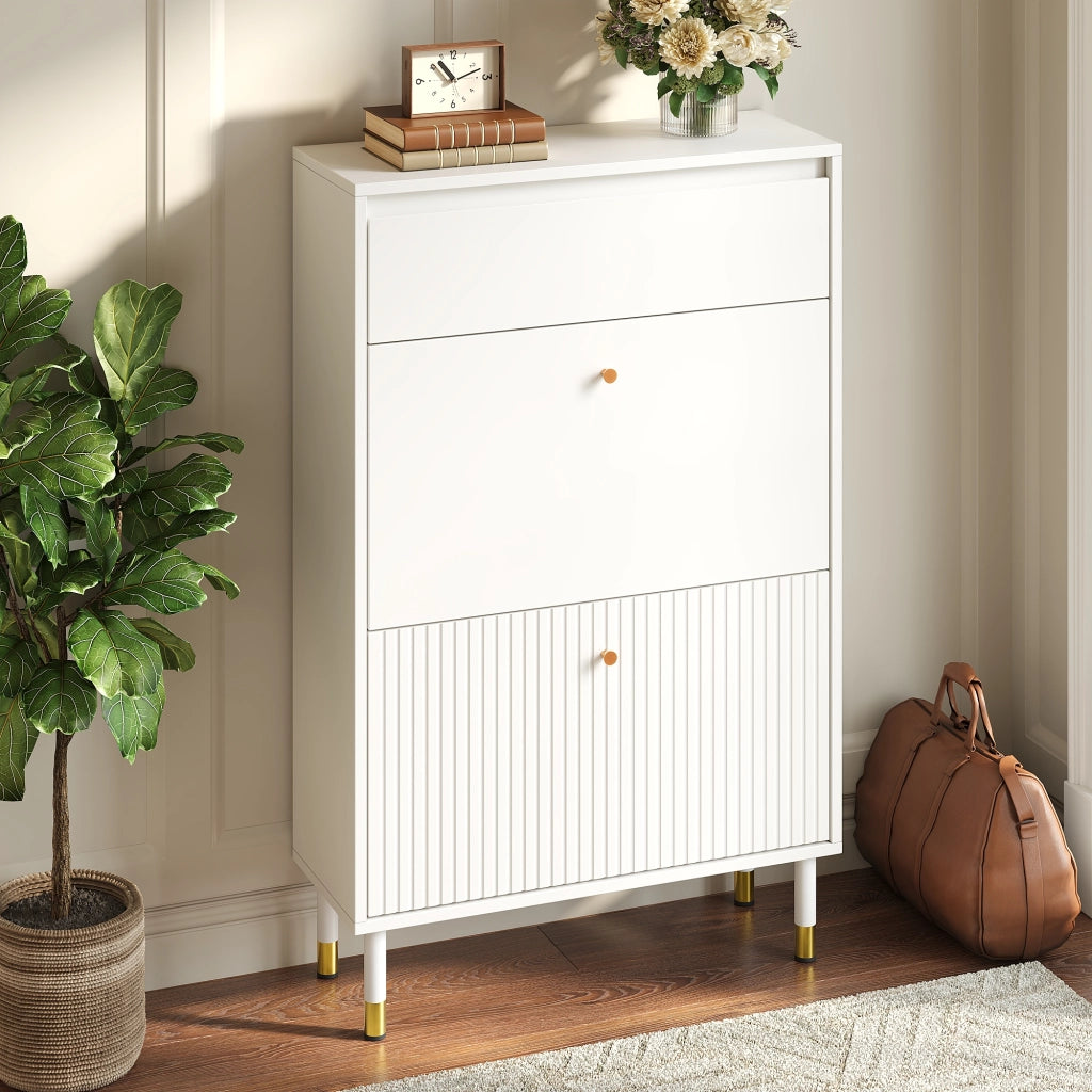 Scarpiera stretta con 1 cassetto e 2 vani ribaltabili, 4 piedi metallici, per ingresso, bianco, 65 × 24 × 104 cm