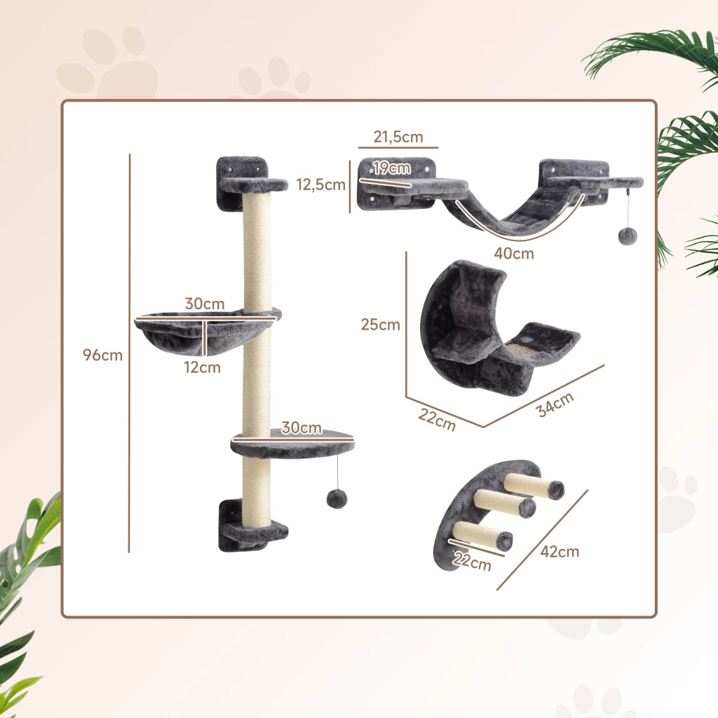 Set Parete Arrampicata per Gatti 4 Pezzi con Amaca e Ponte ¨C Zephmum ¨C Grigio Scuro