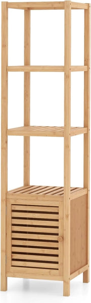 Armadio da Pavimento in Bambù, Armadietto Organizzatore Autoportante da 140 cm con Porta a Persiana e Ripiani Aperti, Torre Sottile per Bagno, Soggiorno, Cucina