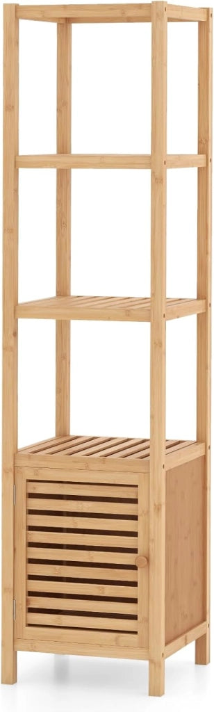 Armadio da Pavimento in Bambù, Armadietto Organizzatore Autoportante da 140 cm con Porta a Persiana e Ripiani Aperti, Torre Sottile per Bagno, Soggiorno, Cucina