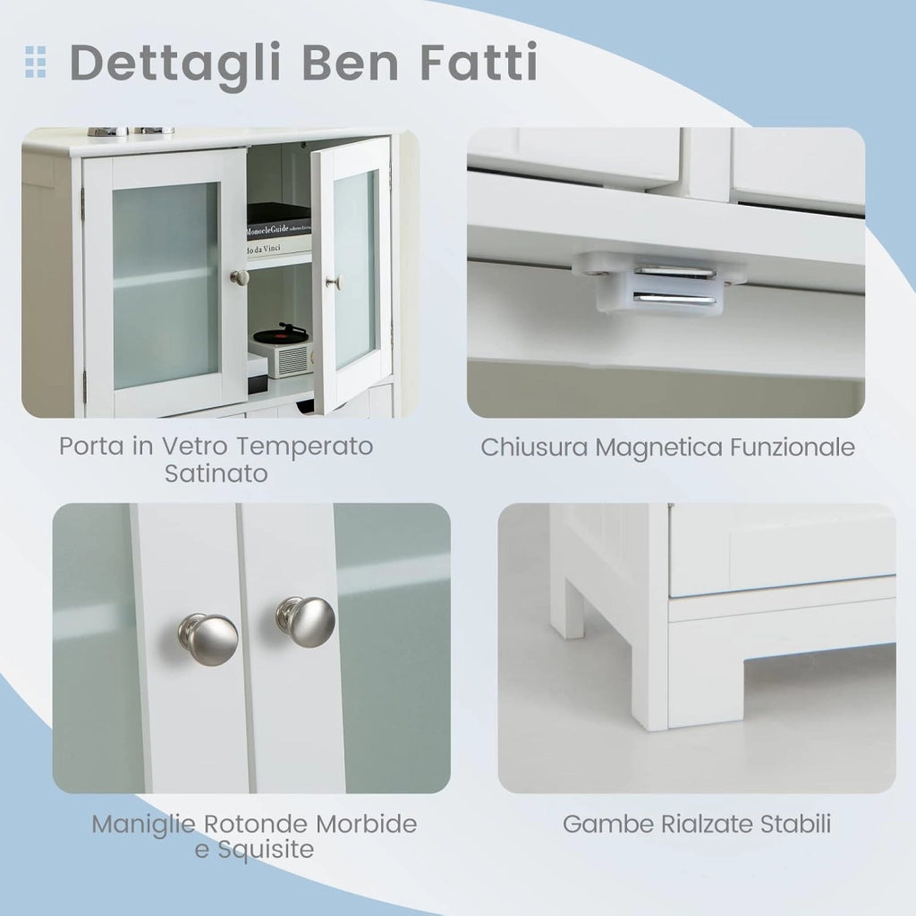 Armadio da Terra con 4 Ante, Mobile da Bagno con 2 Ante in Vetro 2 Cassetti e Ripiani Regolabili, Armadio Multifunzionale per Bagno e Soggiorno (Bianco, 60x30x128cm)