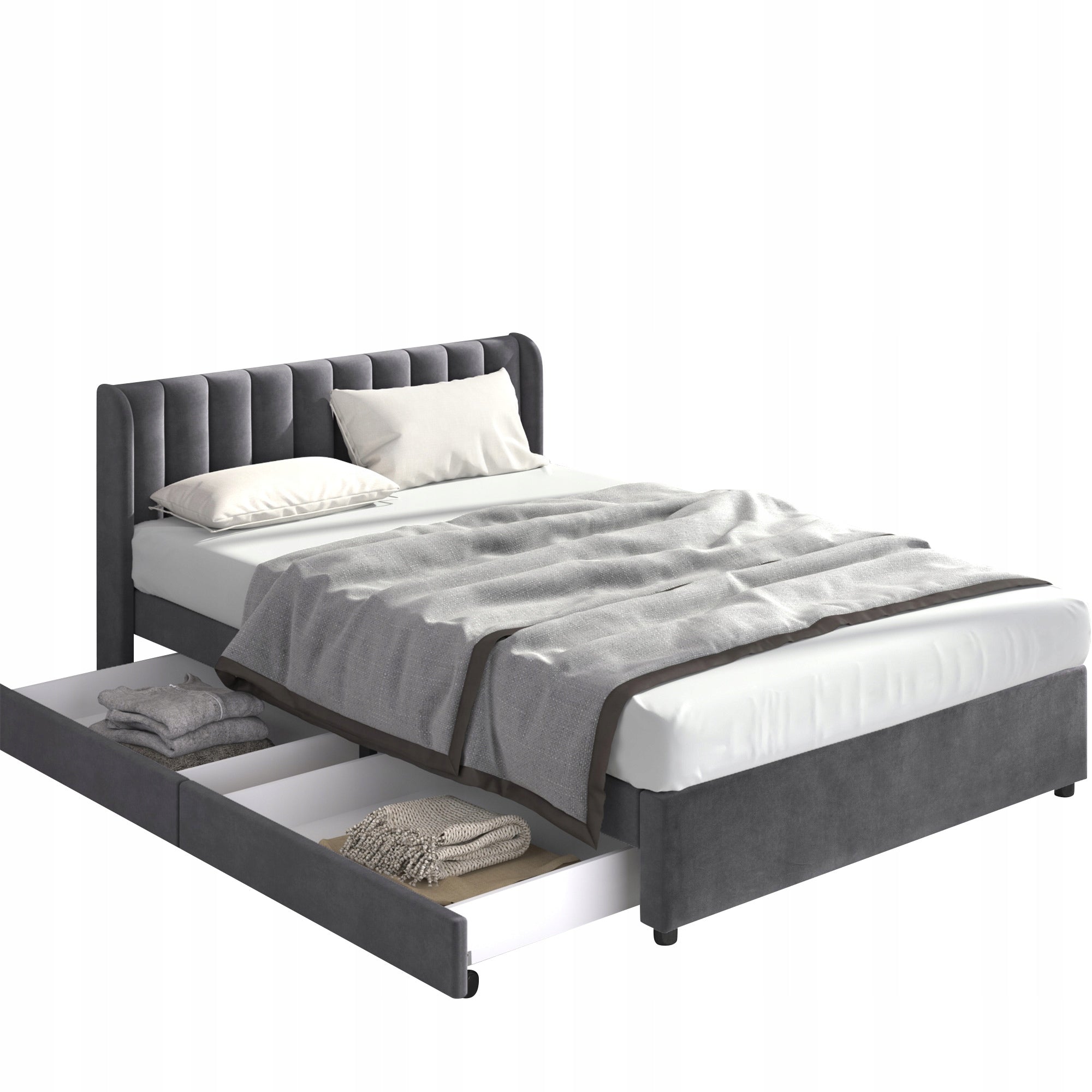 Letto imbottito con 2 cassetti - Xylo - 160x200 - Grigio - Velluto