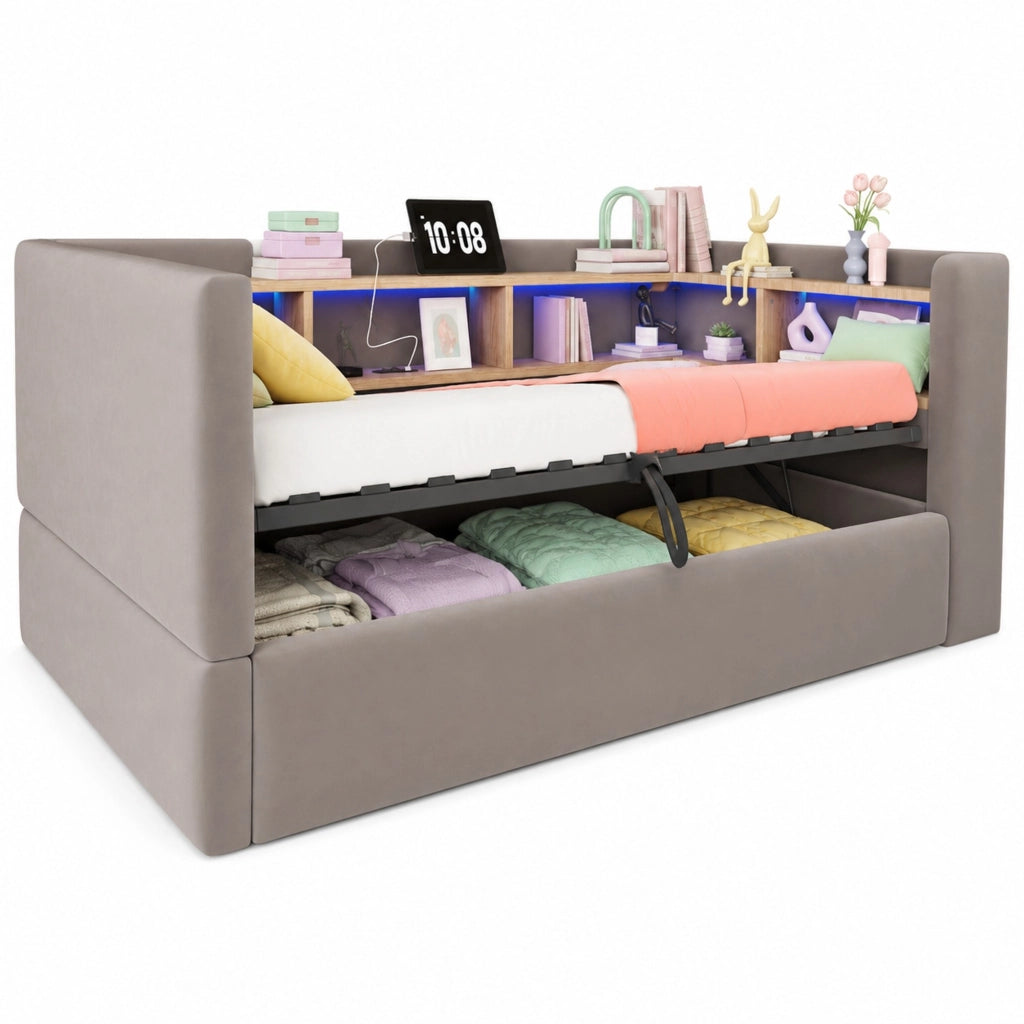 Divano letto imbottito 90x190 cm con vano contenitore; LED e prese; grigio scuro
