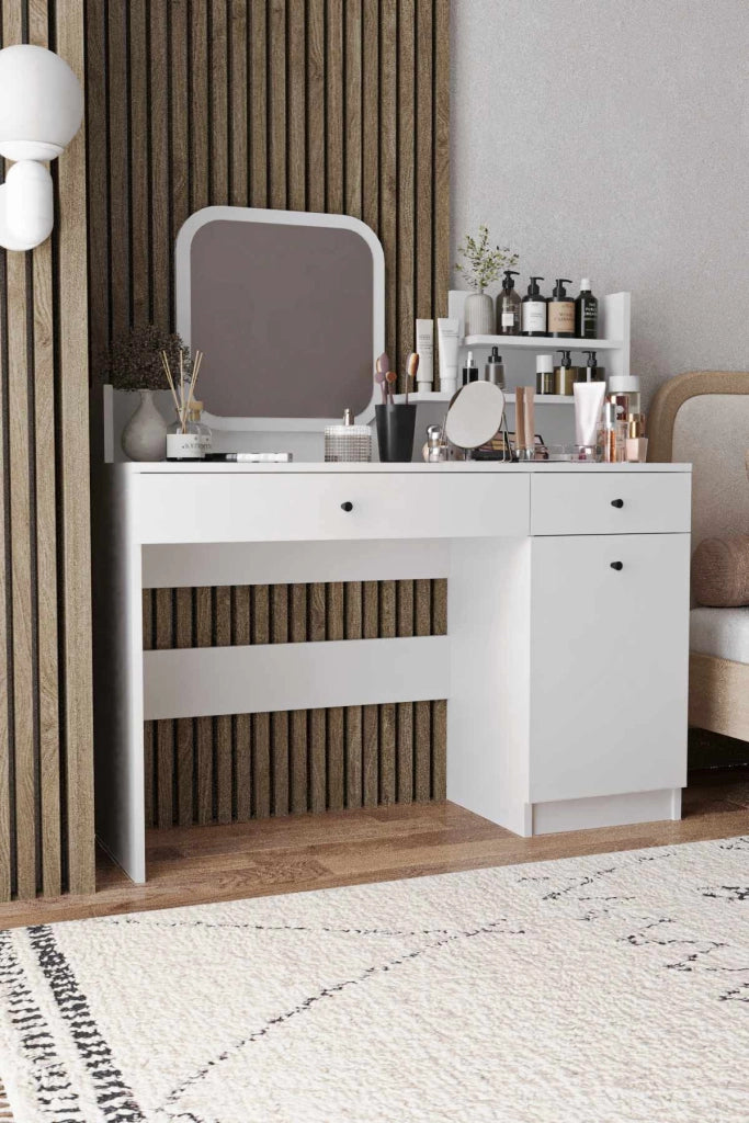 Comodino "Harmony Square" con specchio quadrato in legno - 124 x 40 x 135 cm - Bianco