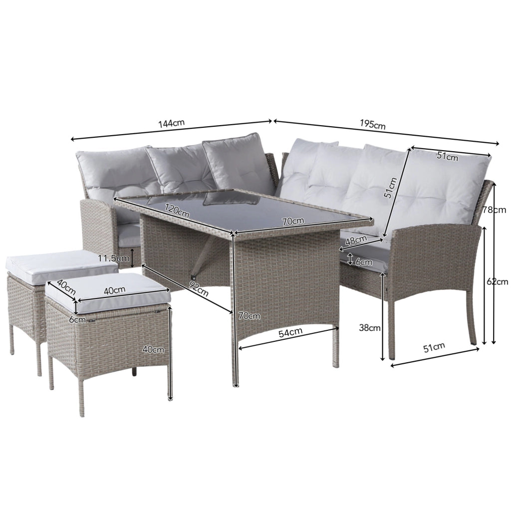 Set salotto polyrattan 7 persone: Divanooo + tavolo + sgabello + cuscini; tessuto lavabile; kaki