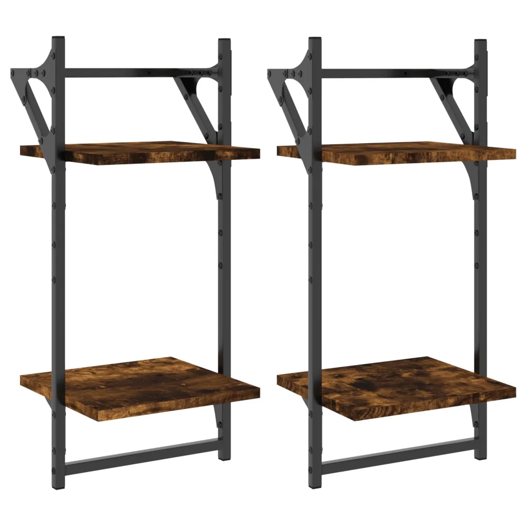 2 pz Mensole a Parete | Scaffale Parete | Ripiano a parete con Aste Rovere Fumo 30x25x65 cm