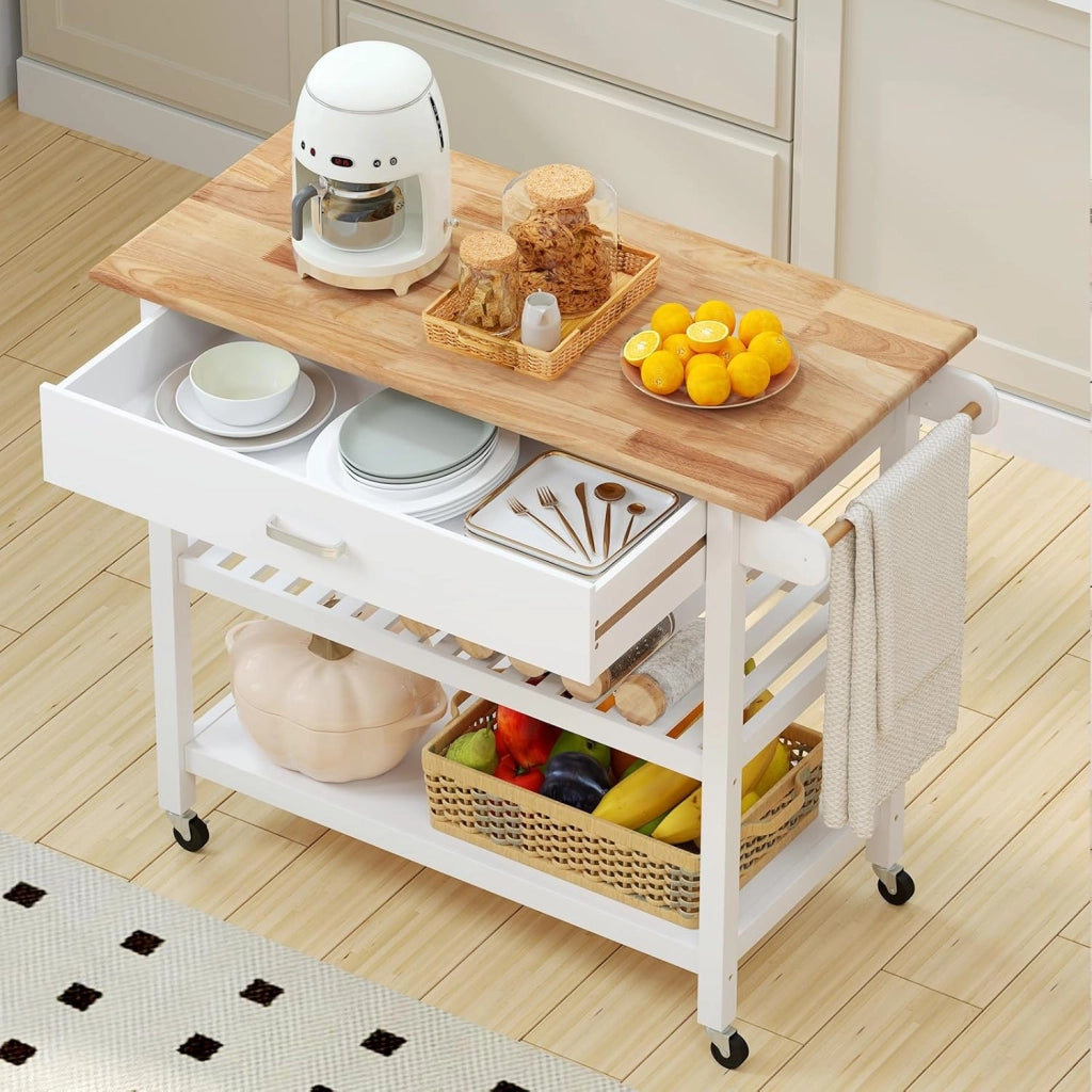 Carrello da Cucina Salvaspazio con Ruote, Mobiletto Cucina con Piano in Legno, Cassetto, 2 Ripiani Aperti, Carrello da Portata per Sala da Pranzo, 106 x 50 x 89 cm (Bianco)