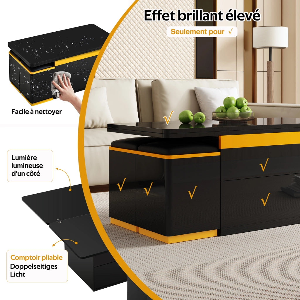 OKWISH Tavolino da Salotto Alzabile e Pieghevole con Vano Contenitore e 4 Sgabelli, per Soggiorno, MDF, Nero