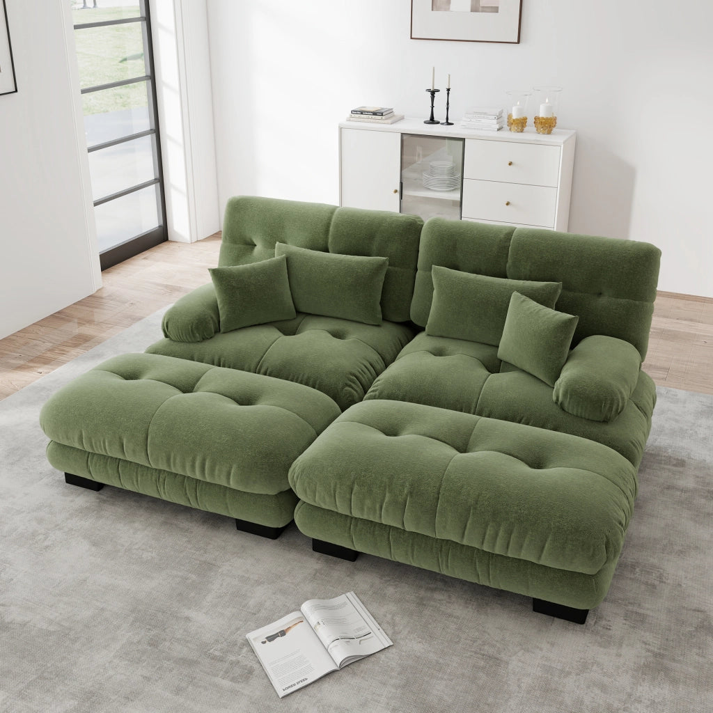 Divano angolare modulare in ciniglia con cuscini lombari e pouf per soggiorno verde 220 × 145 × 81 cm