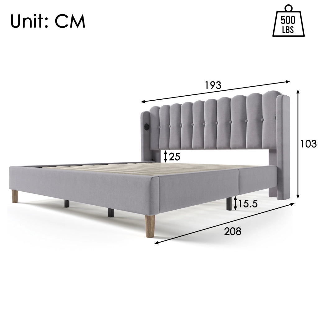 Letto imbottito 180x200 cm con ricarica USB e Type-C; lino grigio (Senza materasso)