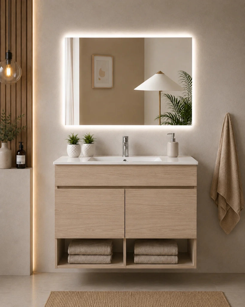 Mobile bagno sospeso con lavabo extrapiano ORIGENBATH NEBARI senza specchio 70x45 cm estepa