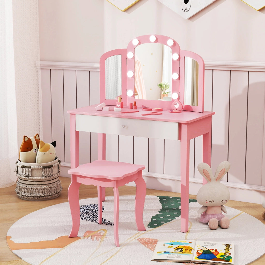 Set tavolo trucco bambini 2 in 1 principessa specchio 3 pieghe luci led, Set sgabello legno bambine 3+ anni gioco creativo regalo Rosa