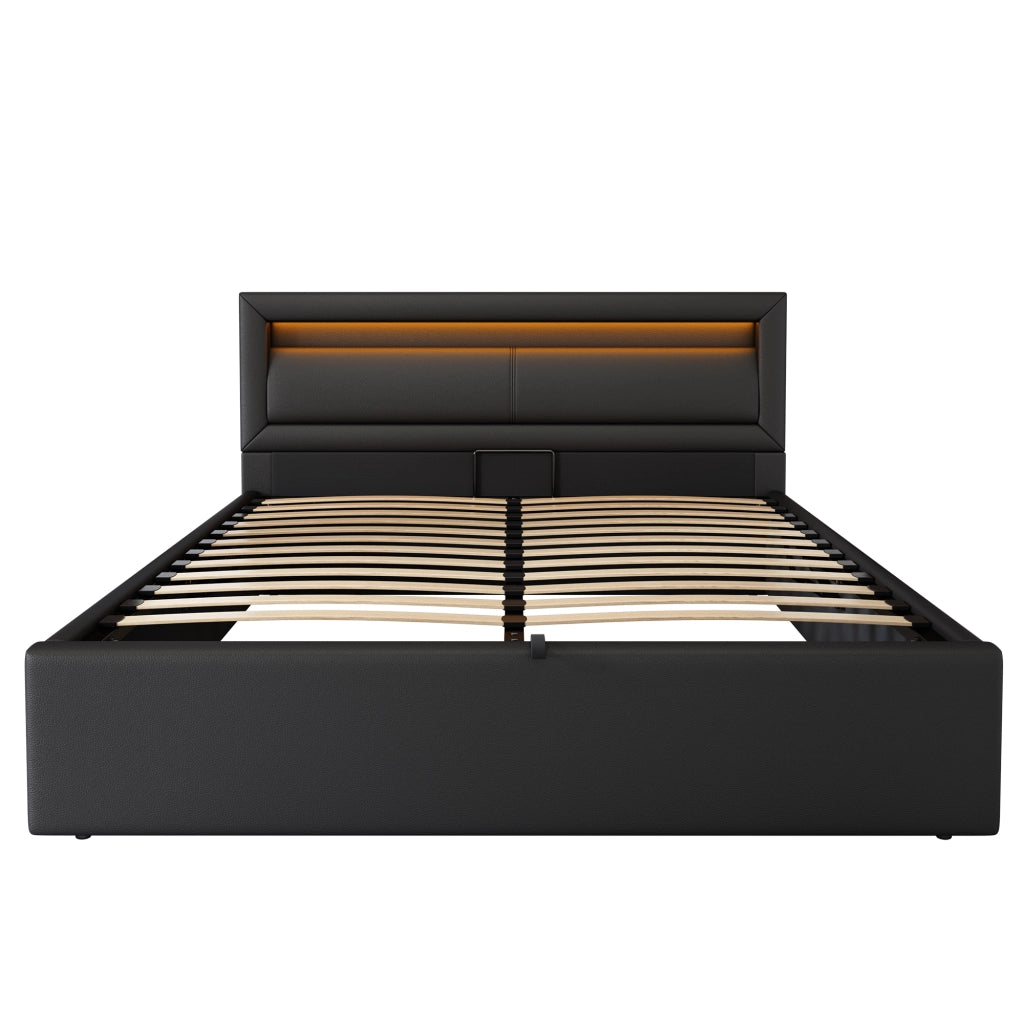 OKWISH Letto Contenitore 140×190 cm, Letto Matrimoniale con Contenitore, LED e Testiera, senza Materasso, in PU, Nero