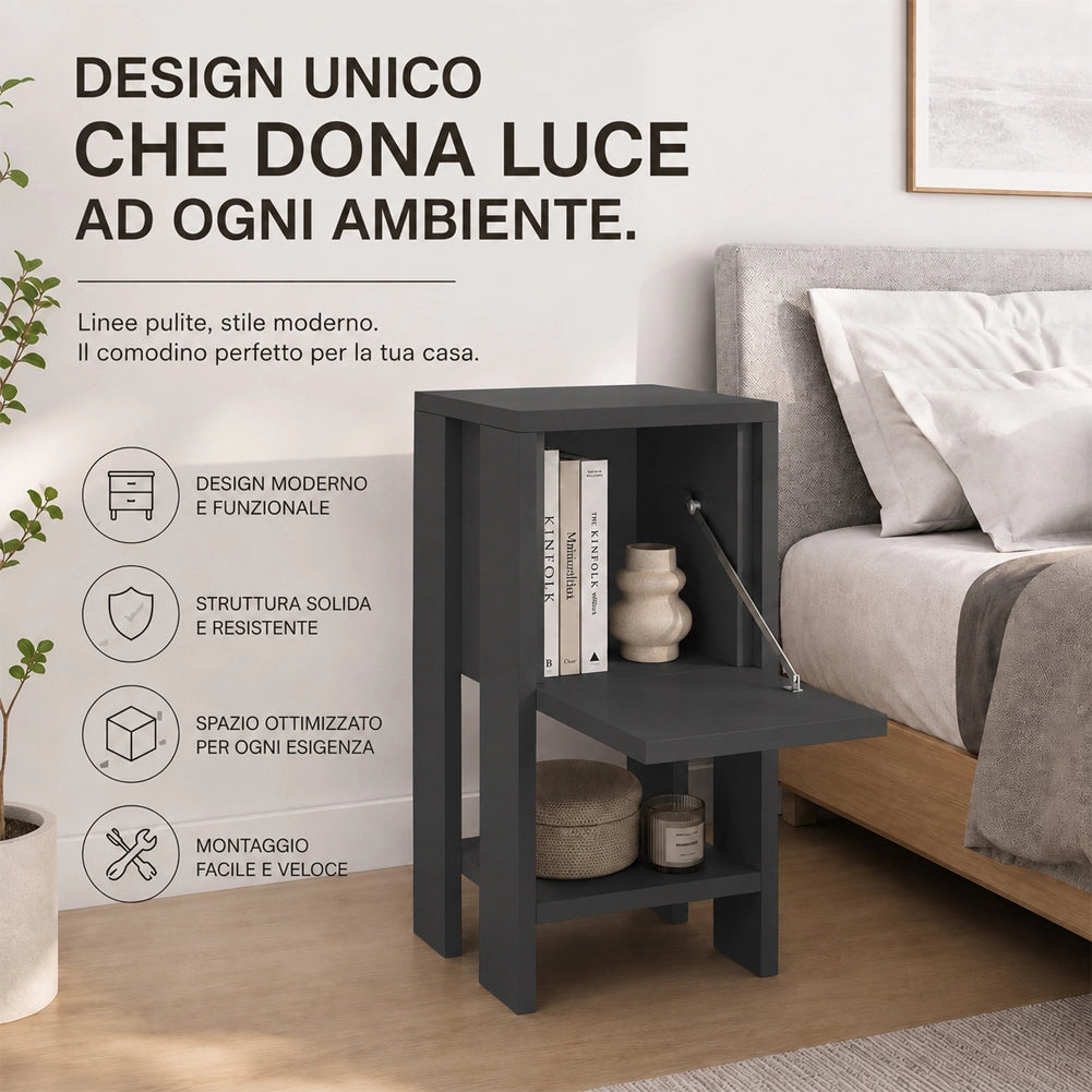 Comodino Mobiletto 2 Ripiani con Anta Ribalta Tavolino Design Moderno Antracite