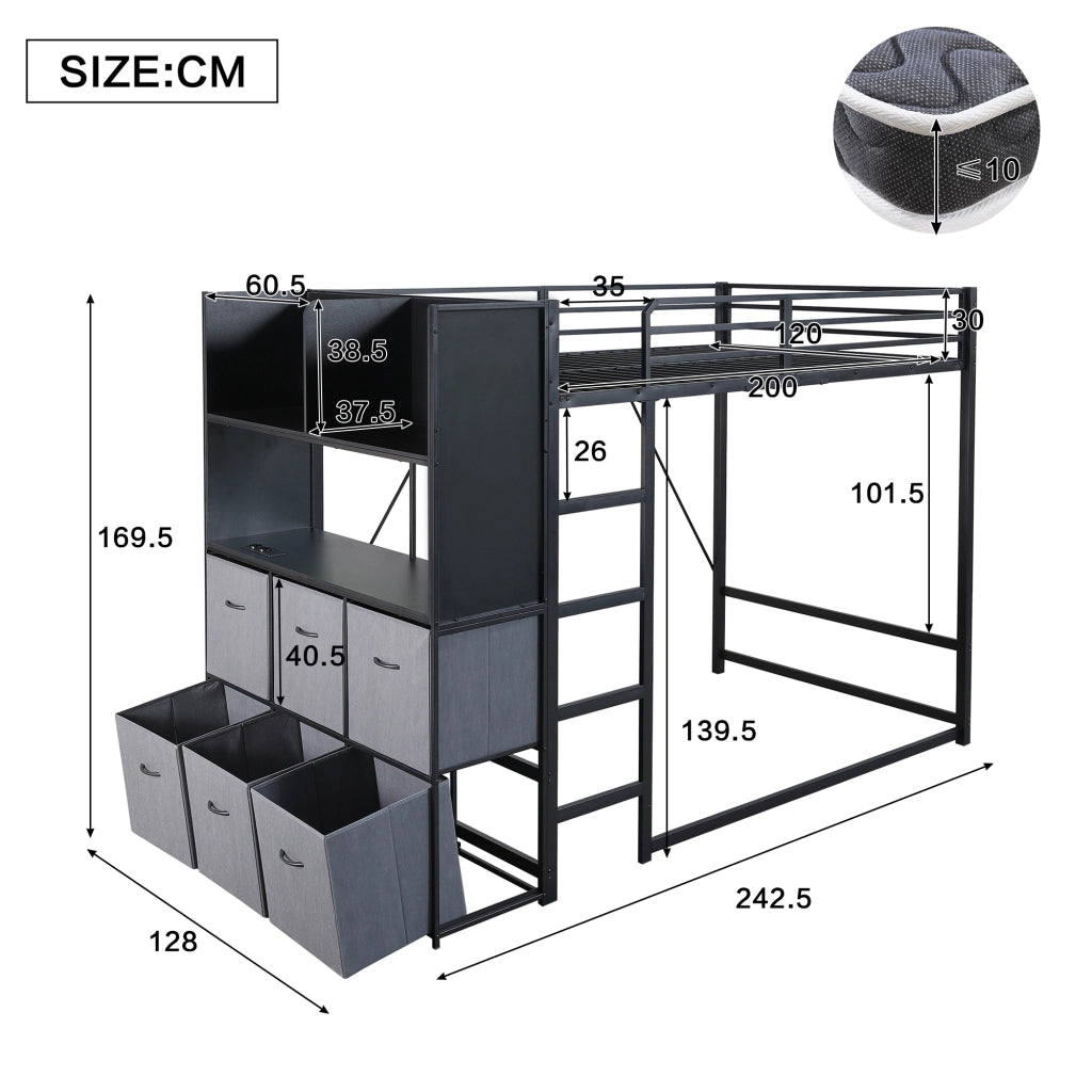 letto alto in metallo e legno nero 120 x 200 cm