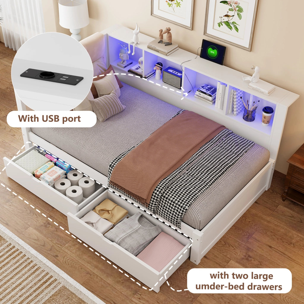 Letto singolo 90 × 200 cm con 2 cassetti, ripiani laterali, LED dimmerabile e USB, senza materasso, bianco