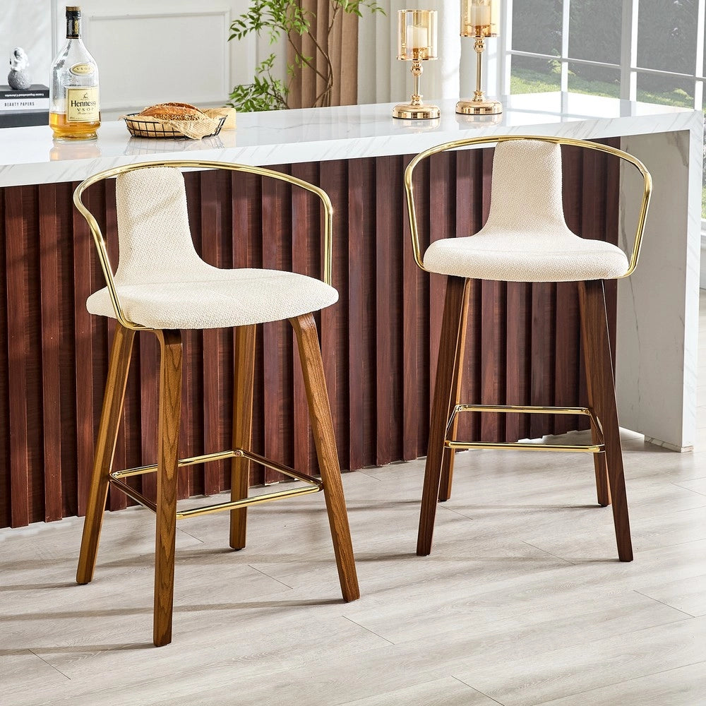 Set 2 Sgabelli da Bar con Braccioli ¨C MINIMAL ¨C Tessuto Teddy/Similpelle, Gambe in Legno, Poggiapiedi in Metallo