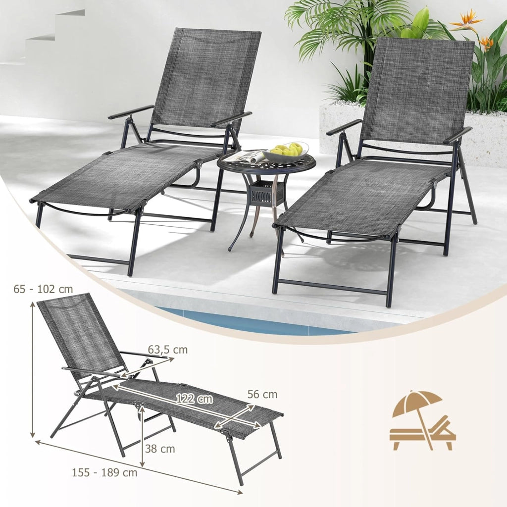Set di 2 Sedie a Sdraio Pieghevolecon Schienale Regolabile e Poggiapiedi, Capacità di Carico 150 kg, Lettino Prendisole da Giardino Ideali per Patio, Giardino e Piscina, Grigio