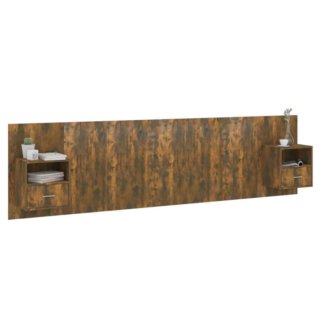Testiera Letto con Comodini-Testiera con Contenitore Rovere Fumo in Legno Multistrato 661495
