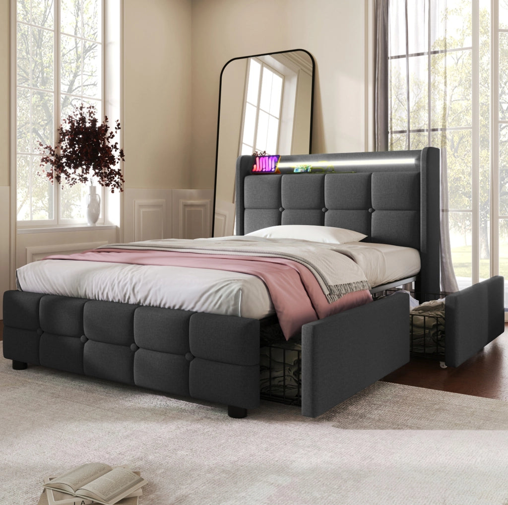 Letto imbottito 90x200 cm con USB; LED e 2 cassetti; grigio