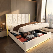 DESMIU Lit Letto Contenitore 180 × 200 cm 2 posti con USB, Type-C, LED e tasche, senza materasso, in velluto, beige