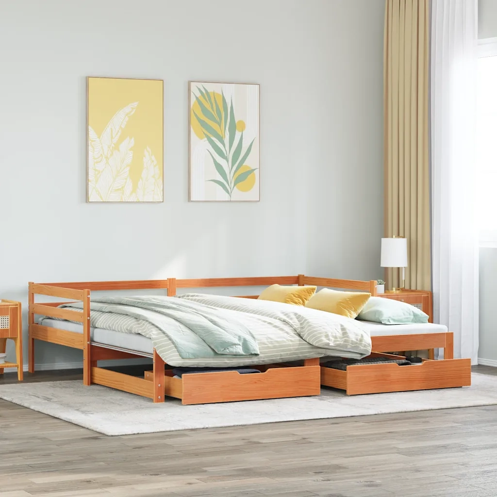 Letto singolo | Letto per adulti | Dormeuse Letto Estraibile e Cassetti Marrone Cera 80x200cm Pino