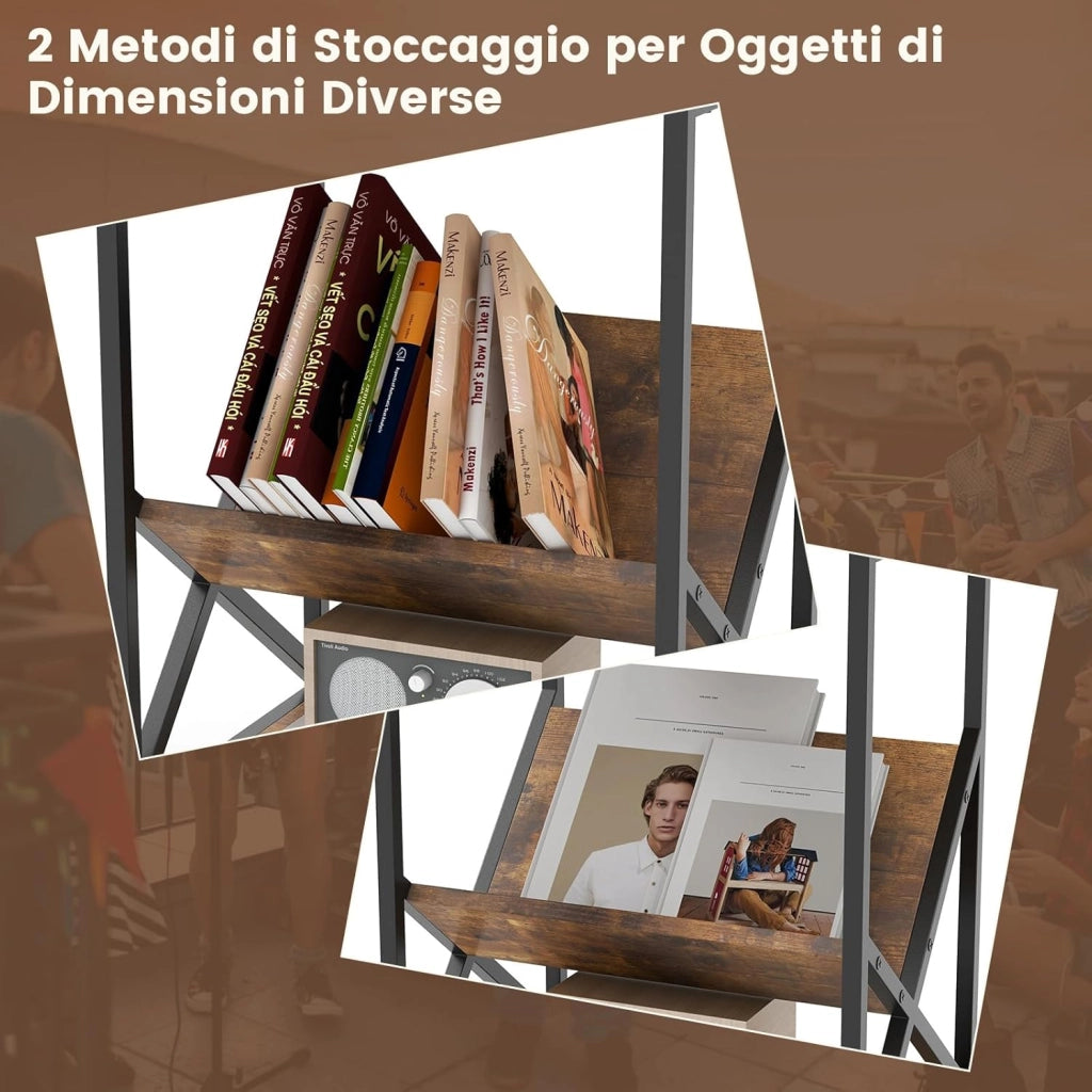 Tavolino da Divano a 3 Livelli con Ripiani, Tavolino da Salotto Industriale con Ripiano a V Traverse e Piano Liscio, Tavolino Robusto per Soggiorno, Camera da Letto e Ufficio, Marrone