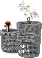 Set di contenitori decorativi, 3 pezzi, casse grigie, 2 x 14 cm e 1 x 17 cm, contenitori per piccoli oggetti e cosmetici, cesta intrecciata, ideale per la camera da bagno, la nursery organizzatore