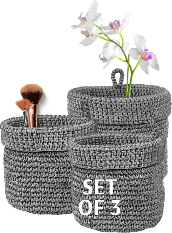 Set di contenitori decorativi, 3 pezzi, casse grigie, 2 x 14 cm e 1 x 17 cm, contenitori per piccoli oggetti e cosmetici, cesta intrecciata, ideale per la camera da bagno, la nursery organizzatore