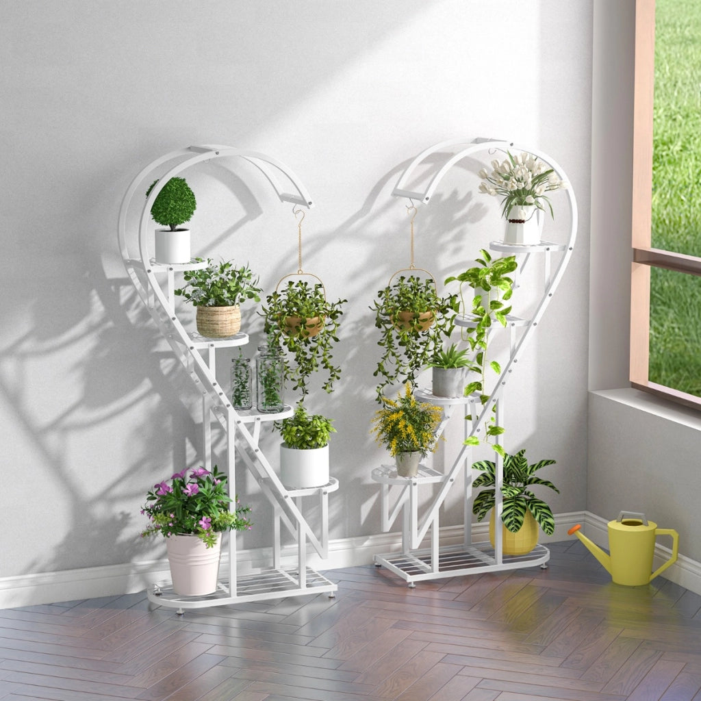 Set di 2 Scaffali per piante in metallo a 5 livelli, Porta piante a forma di cuore con gancio per soggiorno Bianco-Scaffali per piante