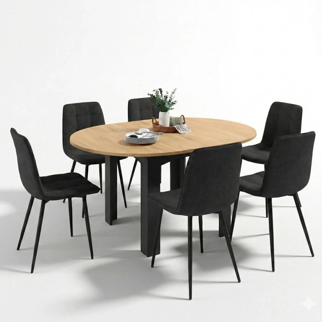 IDMarket - Tavolo da pranzo rotondo allungabile DONA nero con piano effetto faggio 110 - 150 cm e 6 sedie MILA in velluto nero