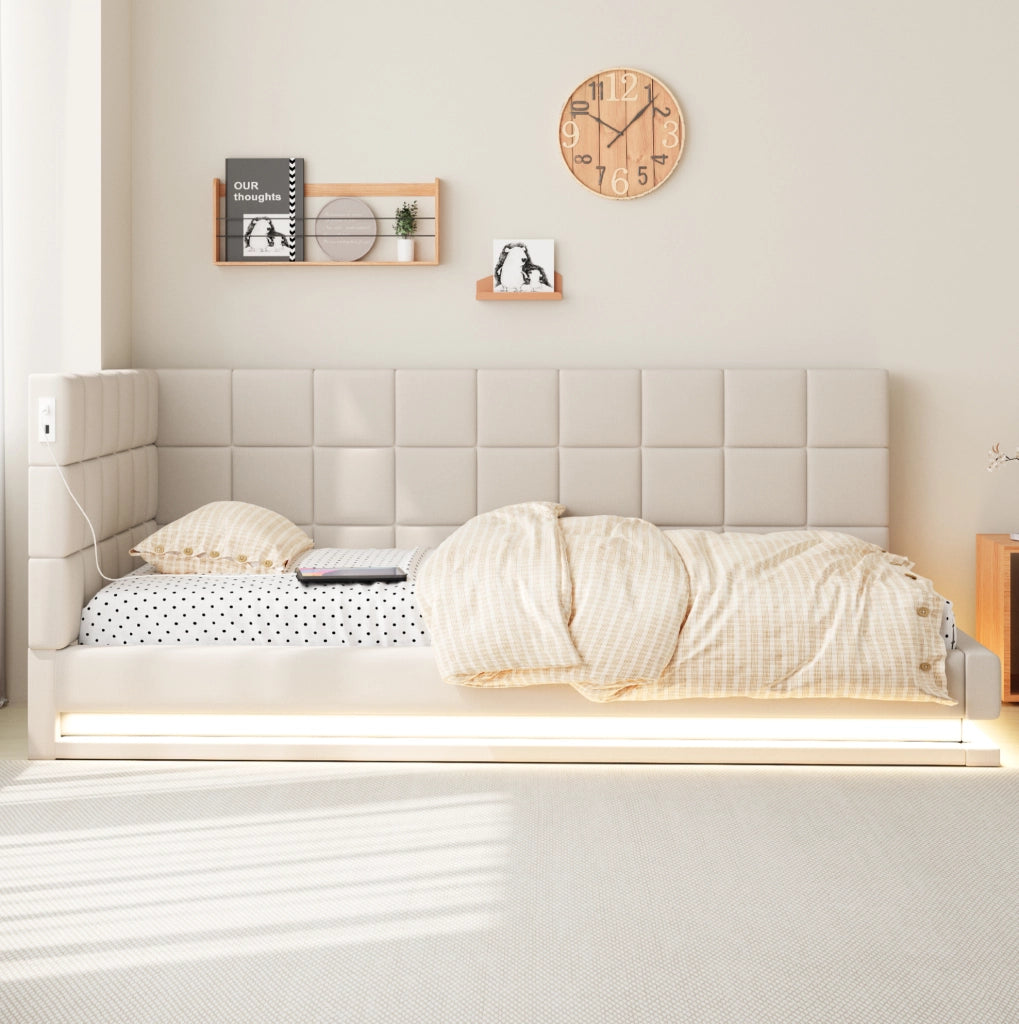 Divano letto 90x200 cm con LED; presa USB e rete a doghe in lino beige