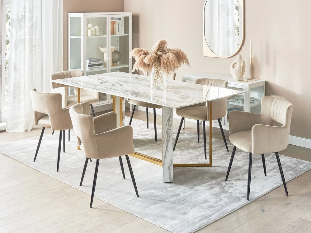 Tavolo da pranzo moderno e glamour in MDF con piano in vetro effetto marmo gambe in metallo dorato 8 posti 100 x 200 cm soggiorno cucina