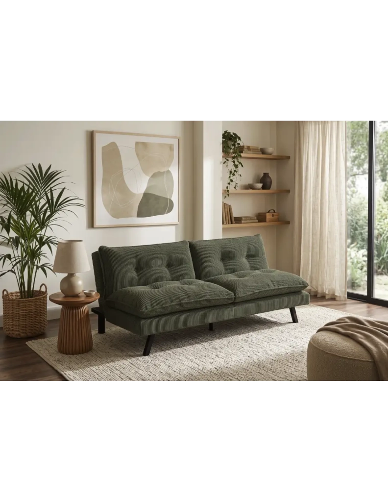 Divano letto AZENA 3 posti in tessuto a coste – Verde scuro e nero – 190 x 80 x 90 cm